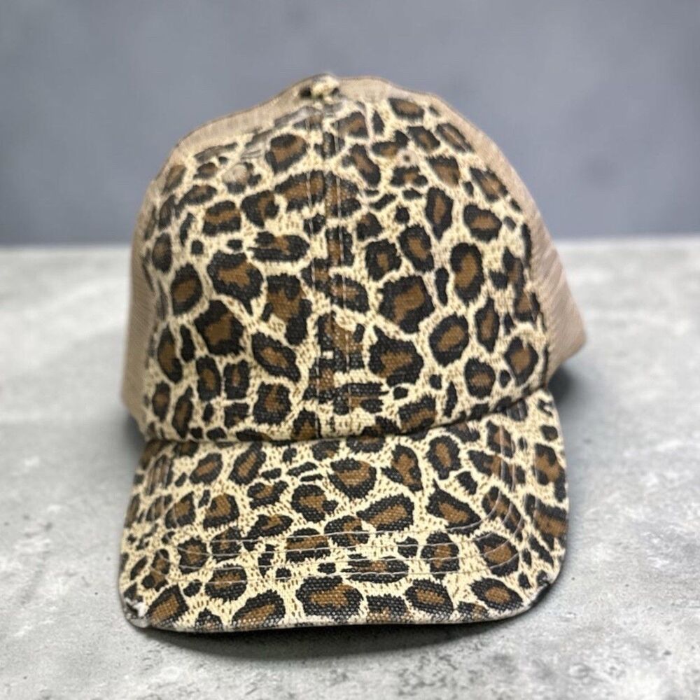 Women's Trucker Hat Distressed Cheetah Cotton Cap Brown One Size Adjustable